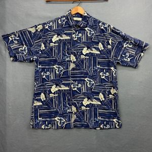 Tommy Bahama 100% Silk Hawaiian Shirt Men's Large Geometric Floral Blue